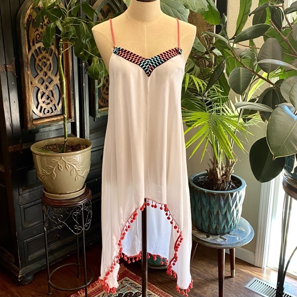 Revolve White Pom Pom trim slip dress - Picture 2 of 13